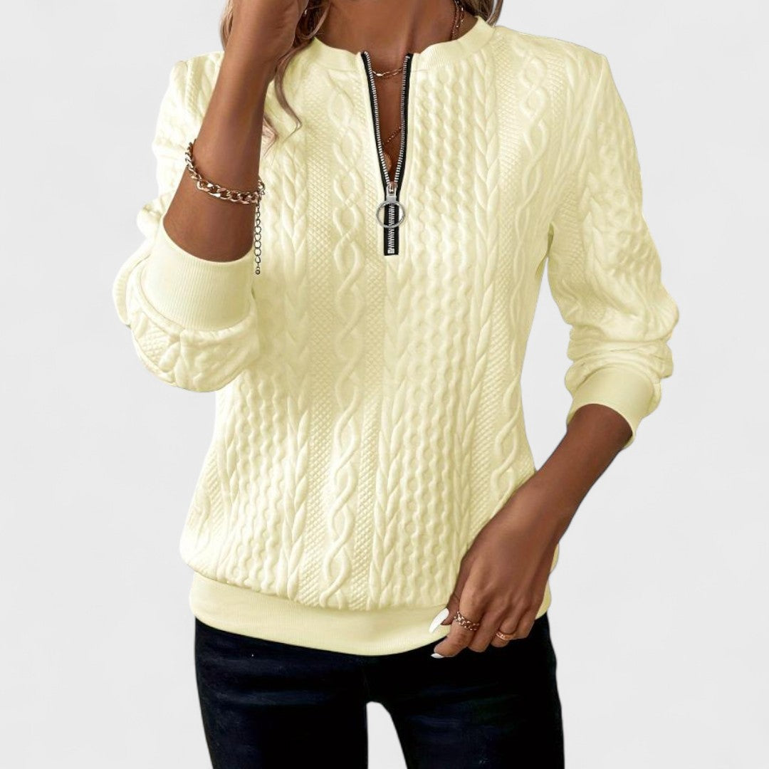 Minda - Sweter damski z zamkiem i splotem w warkocze