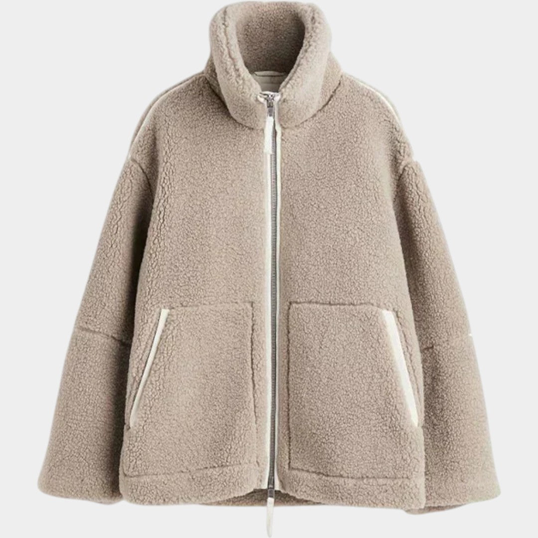 Petra – damski oversize'owy płaszcz teddy z zamkiem